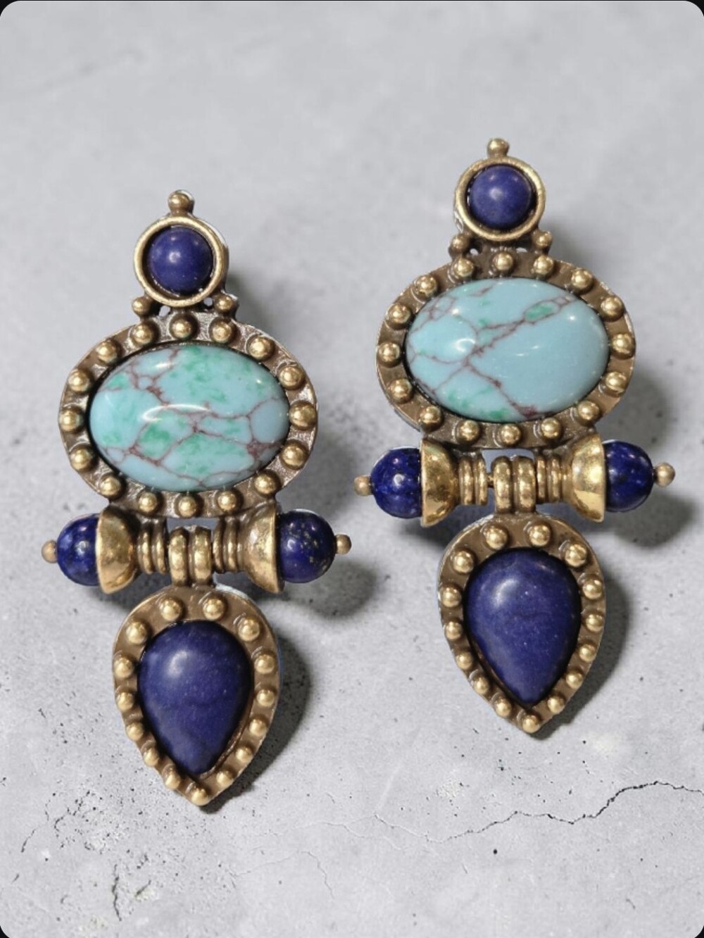 Antique Gold Plated Chunky Byzantine Revival Lapis Lazuli Turquoise Earrings